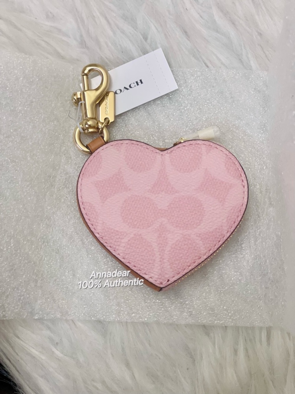 NWT Coach POWDER PINK Heart Bag Charm In Signature Canvas CEA22 Gold/Powder Pink
